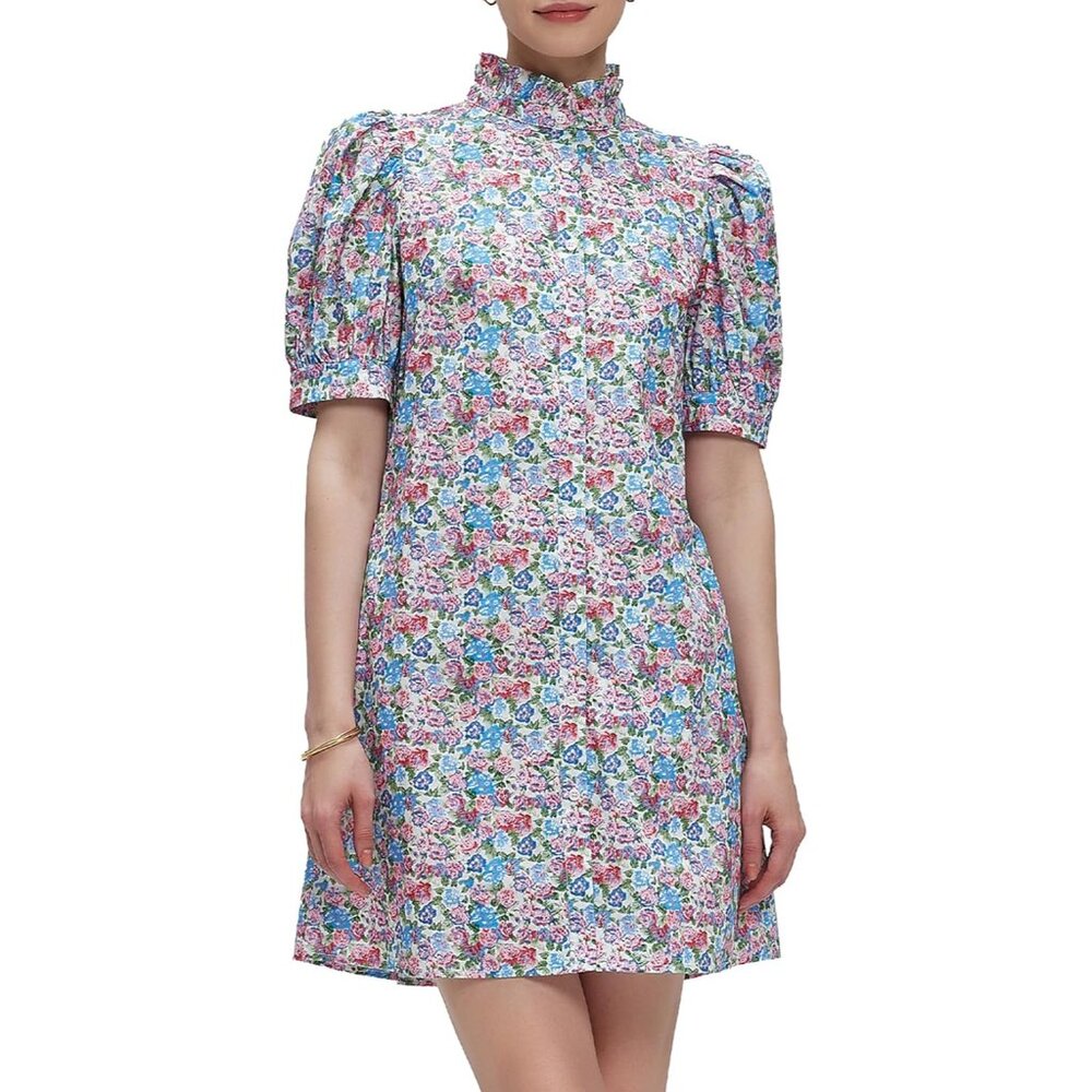 Women's Floral Cotton Mini Dress Short Sleeve Button Down Ruffle Shift